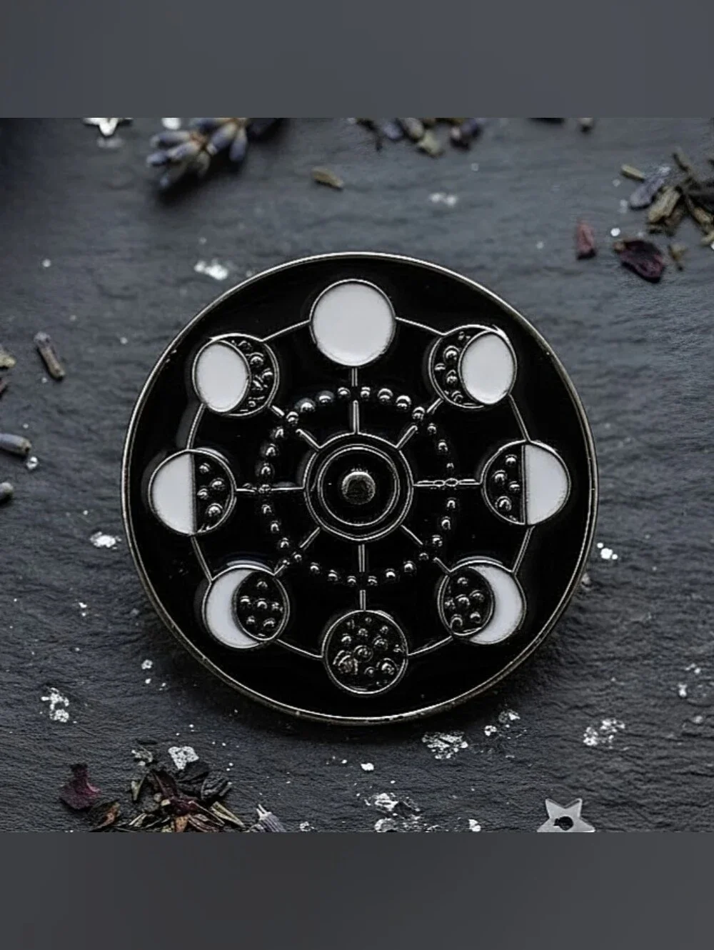 Celestial Moon Phases Astronomical Wheel Circular Black White Enamel Lapel Pin